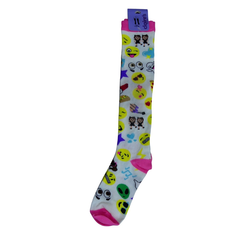 Claire's Knee High Socks Girls 9-11 White New Emoji Print Pink Trim Acrylic